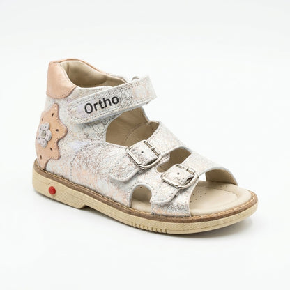 Mid-top orthopaedic sandals featuring arch and ankle support, adjustable buckles, hook-and-loop strap, and Thomas heel.