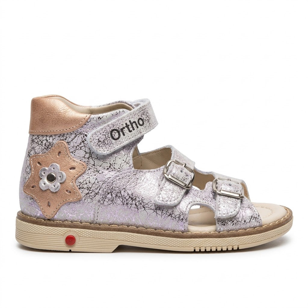 Mid-top orthopaedic sandals featuring arch and ankle support, adjustable buckles, hook-and-loop strap, and Thomas heel.