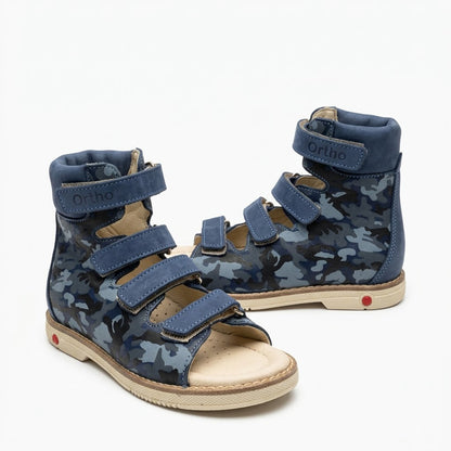 High-top navy camo orthopaedic sandals with padded ankle collar, hook-and-loop straps, and supportive Thomas heel.