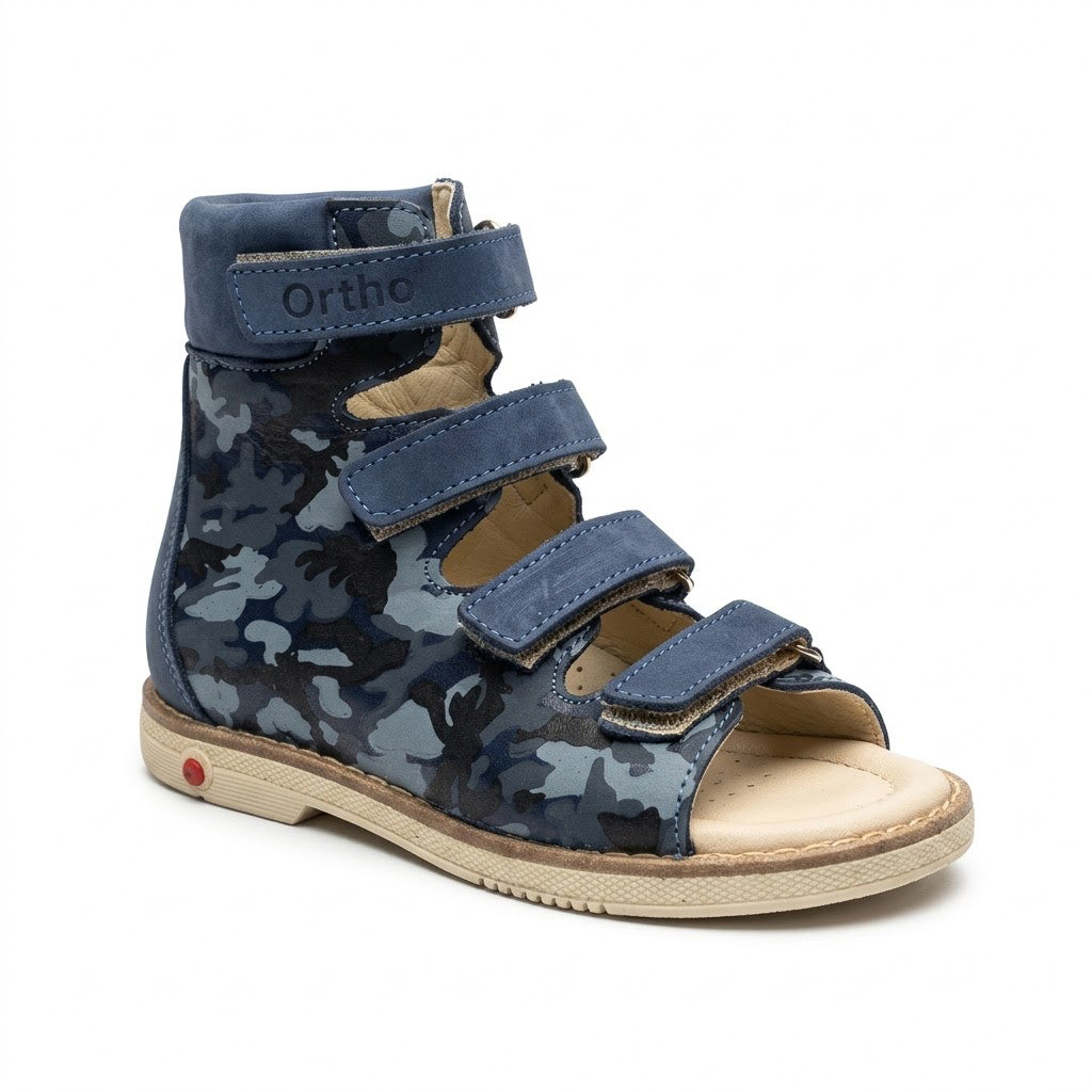 High-top navy camo orthopaedic sandals with padded ankle collar, hook-and-loop straps, and supportive Thomas heel.
