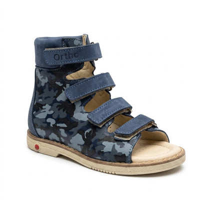 High-top navy camo orthopaedic sandals with padded ankle collar, hook-and-loop straps, and supportive Thomas heel.