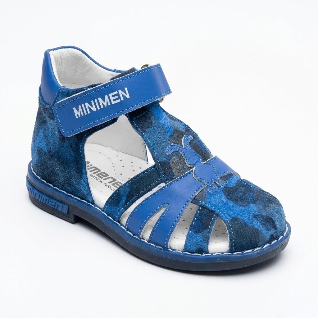Blue Minimen kids’ orthopedic sandal featuring supportive construction with arch support, ankle stability, and a Thomas heel, displayed against a clean background.