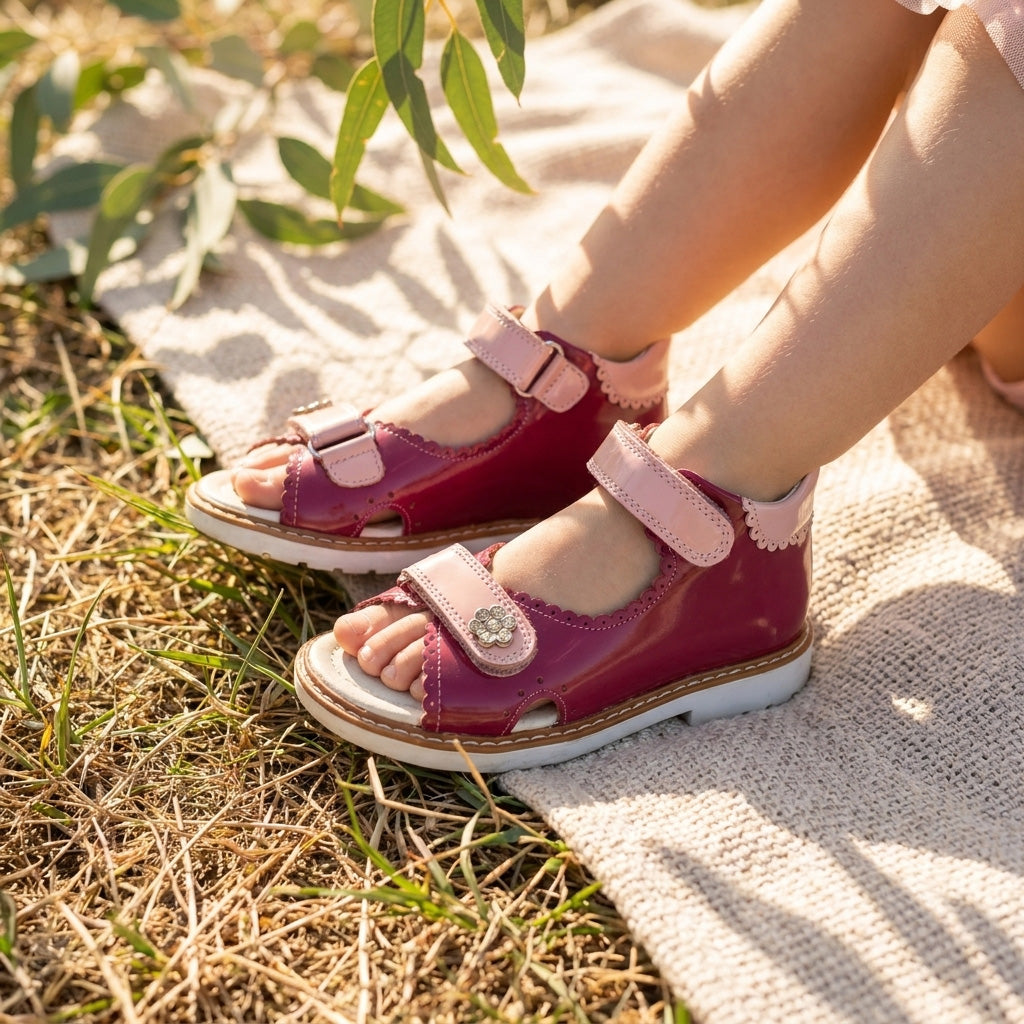 Fuchsia pink girl orthopaedic sandals with arch and ankle support, scalloped trim, and floral Velcro strap
