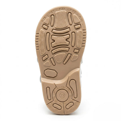 Kids orthopaedic shoe sole in tan featuring a structural Thomas heel and shock absorber points.