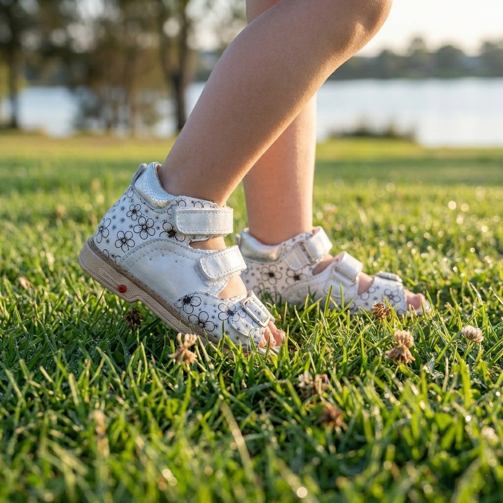 Kids orthopaedic sandals in white and shimmering silver leather with a delicate black floral pattern.