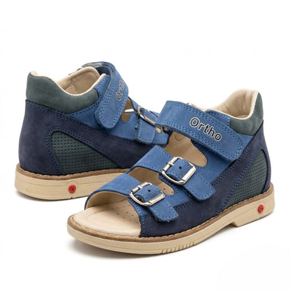 Boys orthopaedic sandals with Thomas heel, padded ankle collar, dual metal buckles, top Velcro strap, cream sole