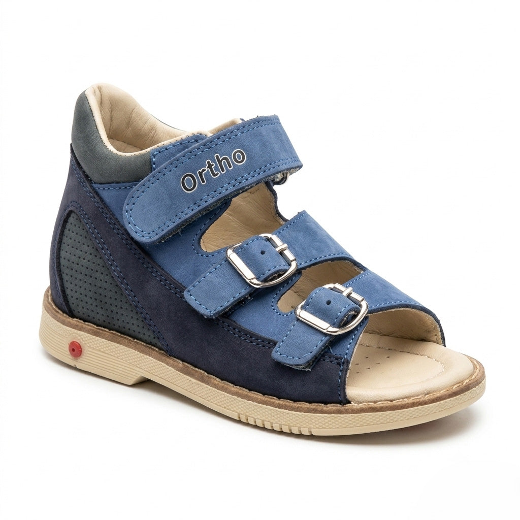 Boys orthopaedic sandals with Thomas heel, padded ankle collar, dual metal buckles, top Velcro strap, cream sole
