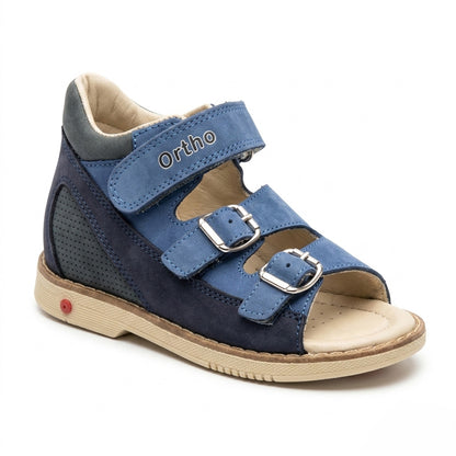 Boys orthopaedic sandals with Thomas heel, padded ankle collar, dual metal buckles, top Velcro strap, cream sole