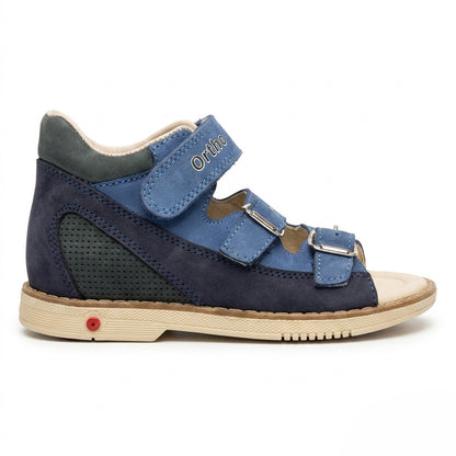 Boys orthopaedic sandals with Thomas heel, padded ankle collar, dual metal buckles, top Velcro strap, cream sole