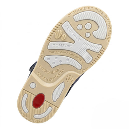 Boys orthopaedic sandals with Thomas heel, padded ankle collar, dual metal buckles, top Velcro strap, cream sole