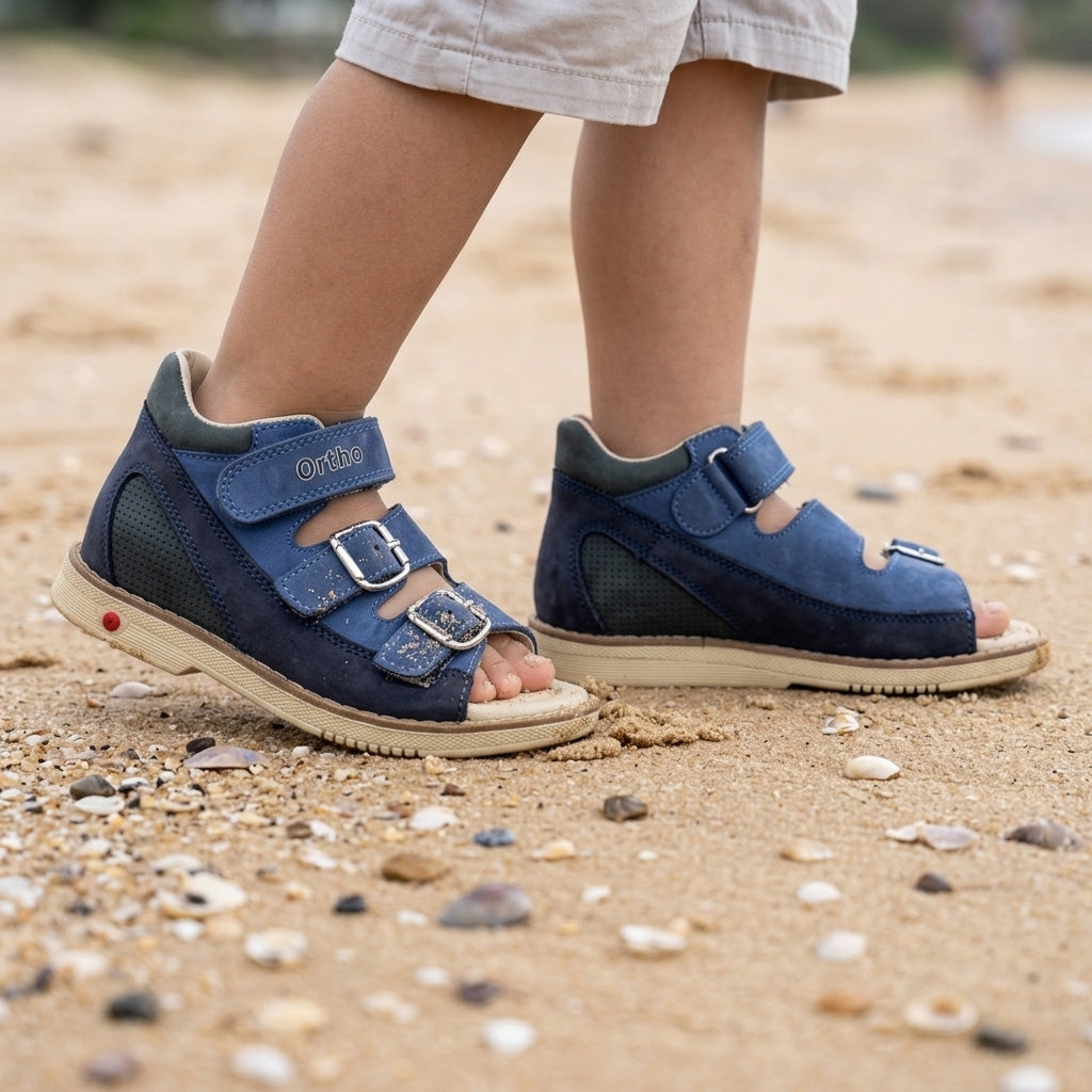 Boys orthopaedic mid-top sandals in navy nubuck leather with arch and ankle support, adjustable straps, tan sole