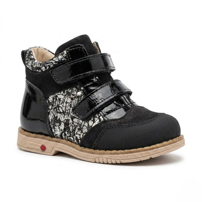 Profile of girls black nubuck and silver crackle leather boots showing a protective toe cap.