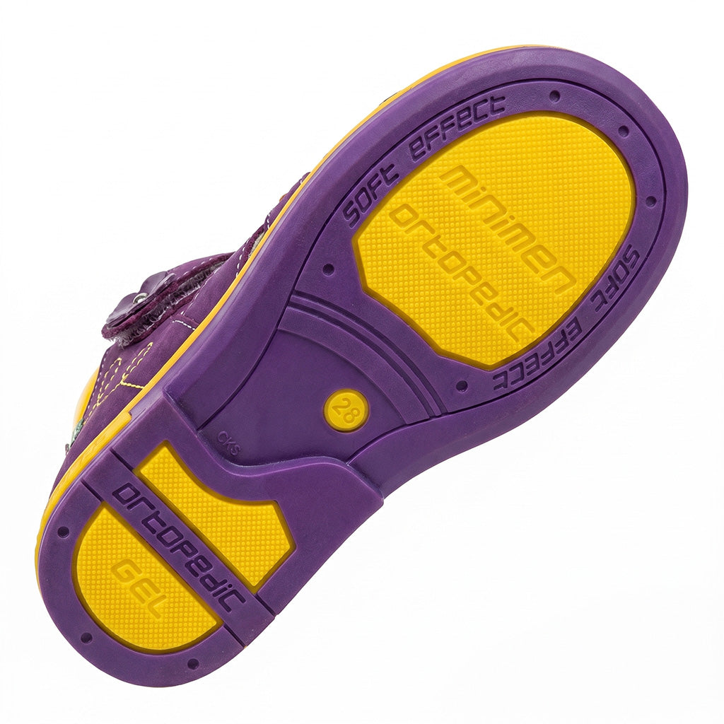 Children’s purple orthopedic sandal with Velcro strap, arch support, ankle stability, Thomas heel, and colourful flower details by Minimen.