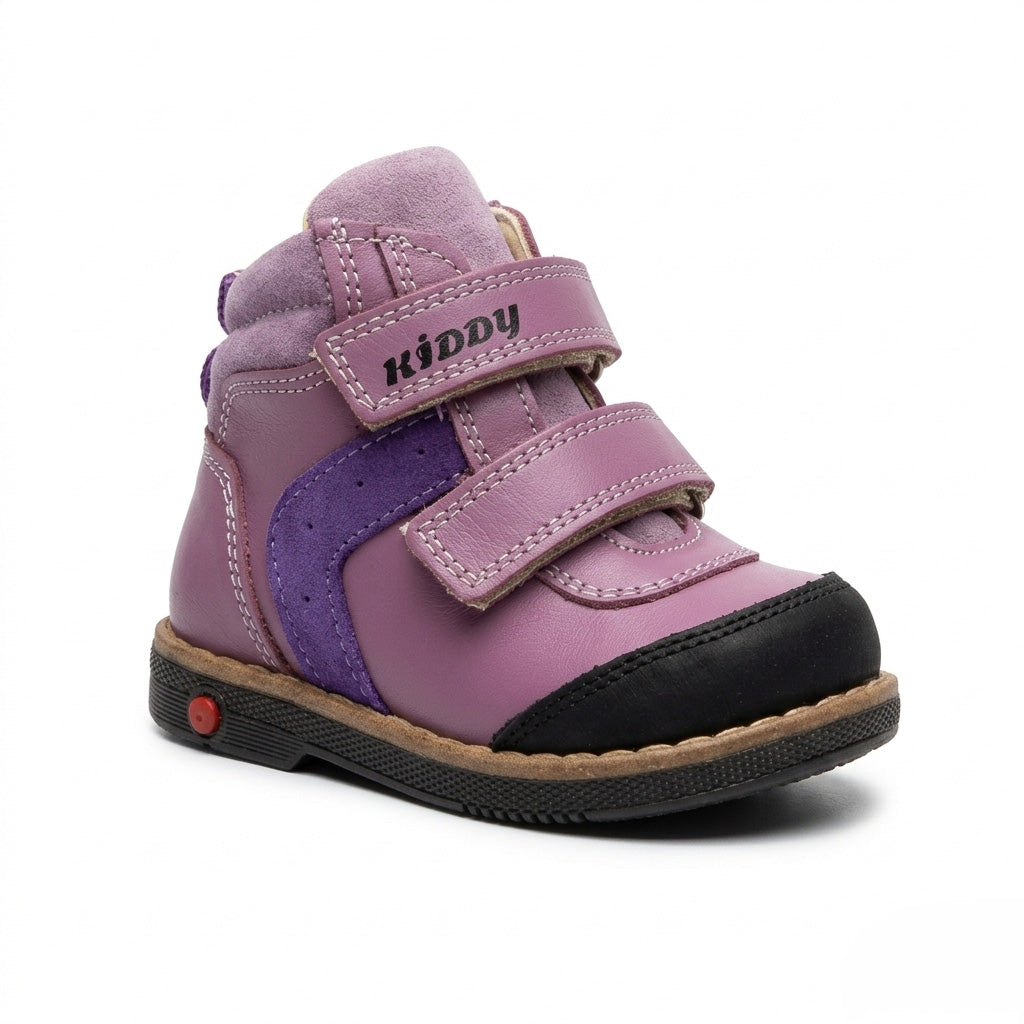 Kids’ purple orthopedic boots with Velcro straps, arch support, ankle stability, Thomas heels, and cushioned tan soles.