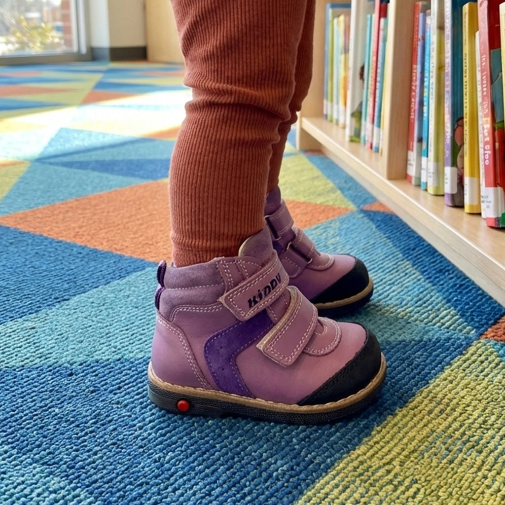 Purple children’s orthopedic boots with arch and ankle support, Thomas heels, dual Velcro straps, and dark toe caps, shown in a library reading area.