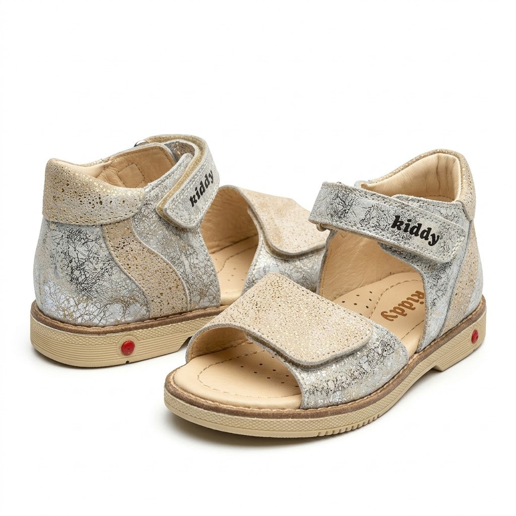 Mid-top orthopaedic sandals in shimmering crackle leather with cream traction sole and arch support