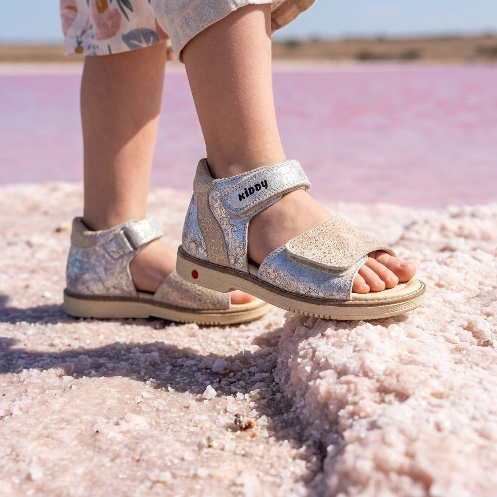 Girls silver gold orthopaedic sandals with 2 Velcro straps and Thomas heel for arch and ankle support