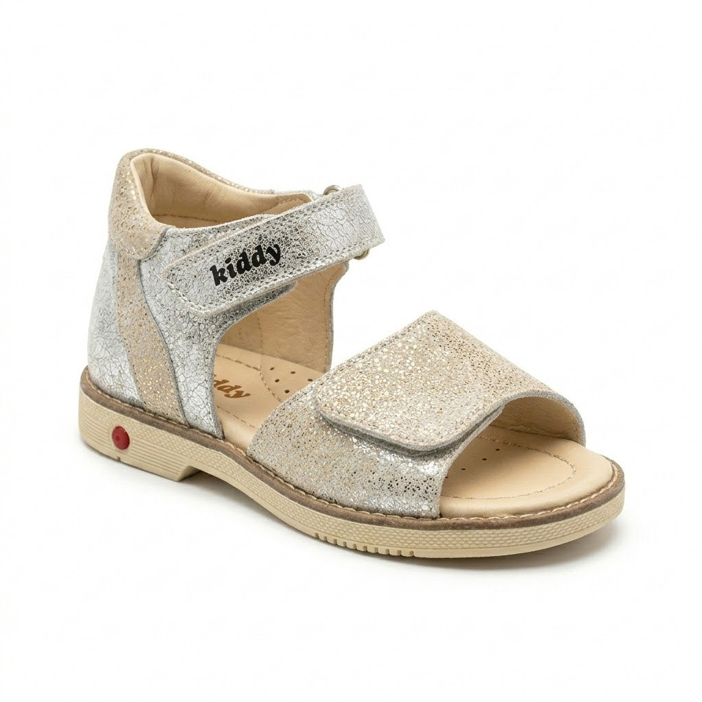 Mid-top orthopaedic sandals in shimmering crackle leather with cream traction sole and arch support