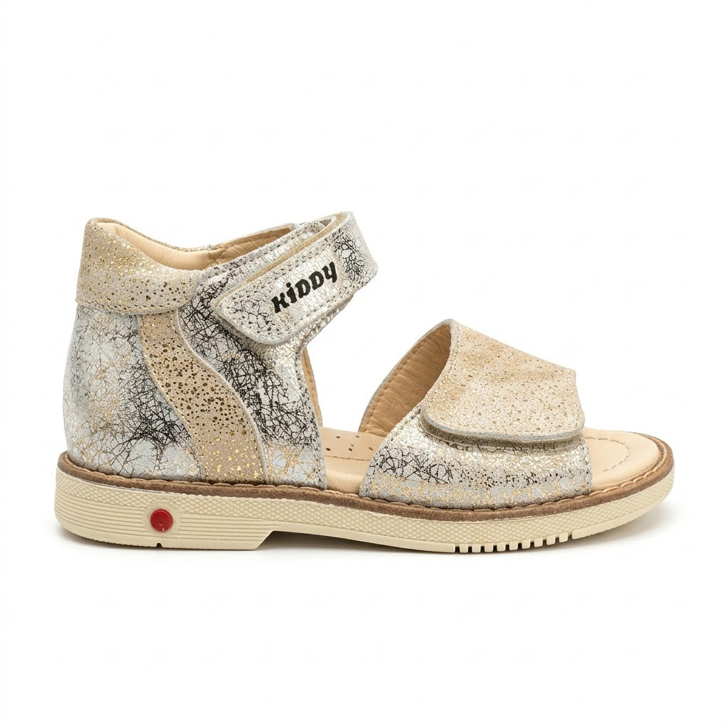 Mid-top orthopaedic sandals in shimmering crackle leather with cream traction sole and arch support