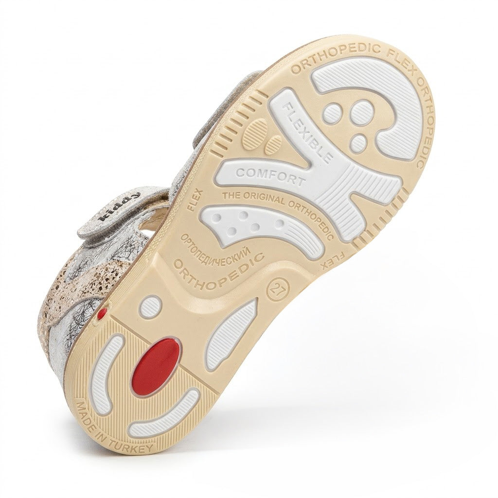 Mid-top orthopaedic sandals in shimmering crackle leather with cream traction sole and arch support