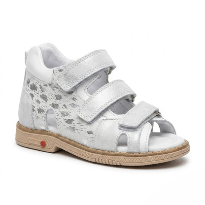 Profile of girls silver leather sandals featuring structured ankle support, built-in arch cushion, and Thomas heel.