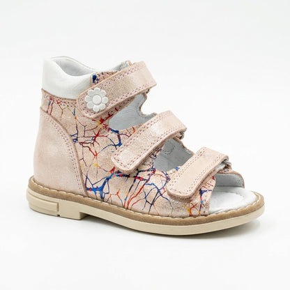 Side view of shimmer pink leather mid top sandals with padded collar and structured ankle support.