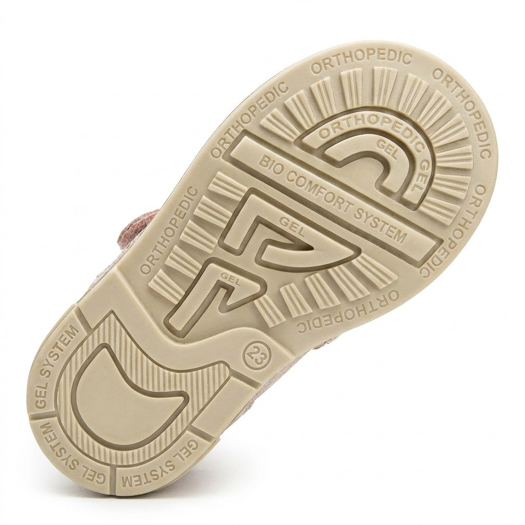 Beige orthopaedic sandal sole showing supportive Thomas heel tread pattern and shock-absorbing gel system.