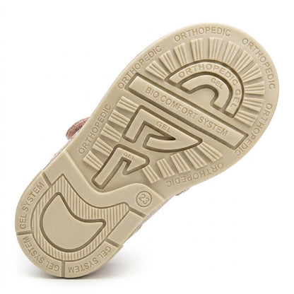 Beige orthopaedic sandal sole showing supportive Thomas heel tread pattern and shock-absorbing gel system.