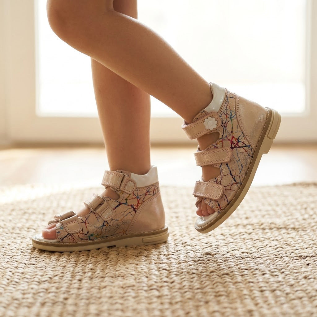 Girls pink orthopaedic mid top sandals with splatter print, triple Velcro straps, and Thomas heels.
