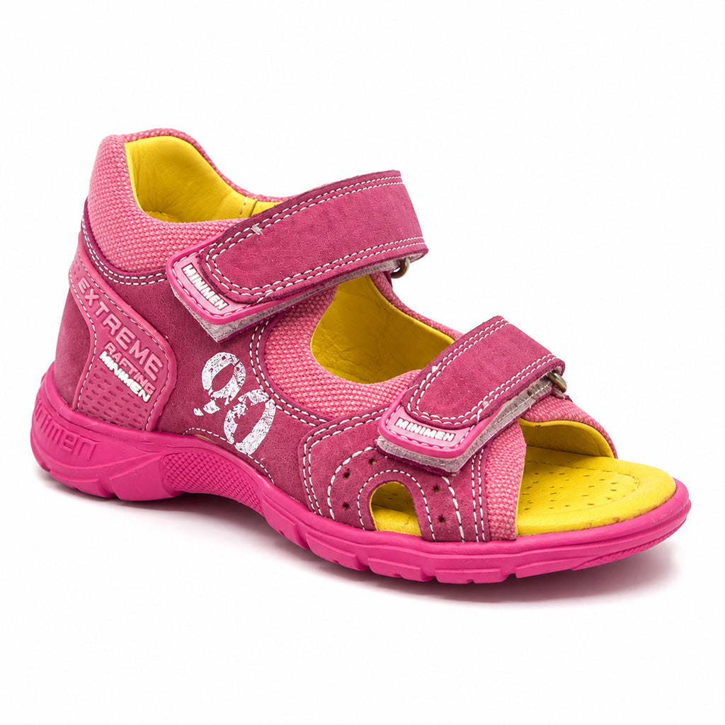 Bright pink low-top orthopaedic sandal with padded collar, white stitching, and reinforced heel counter