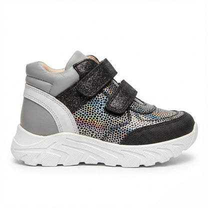 Kids’ mid-top orthopedic sneakers with Velcro straps, arch and ankle support, chunky sole, and silver-black design by Ortho Shoes.