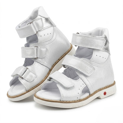 Profile of girls high-top silver leather sandals showing sturdy ankle stability and a Thomas heel.