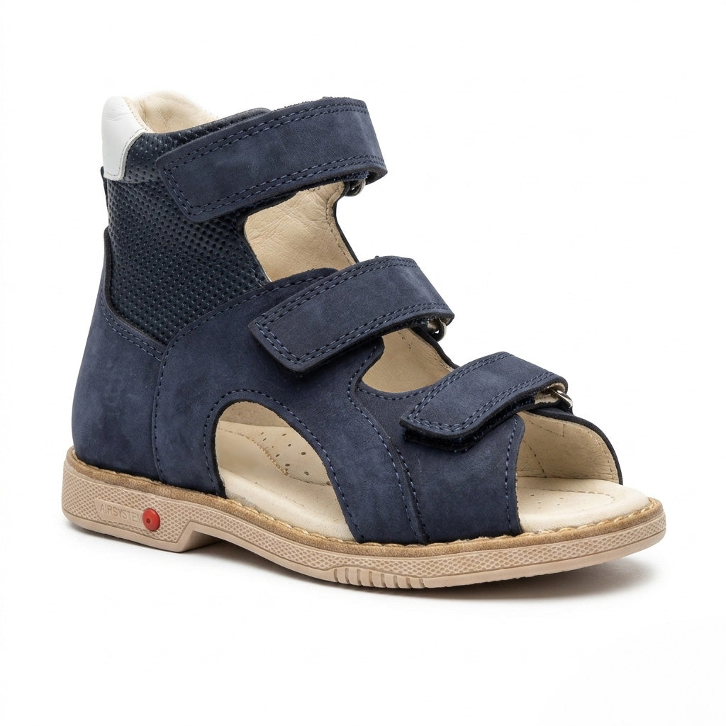 Kids orthopaedic high top sandals in navy nubuck with three Velcro straps and structured ankle support.