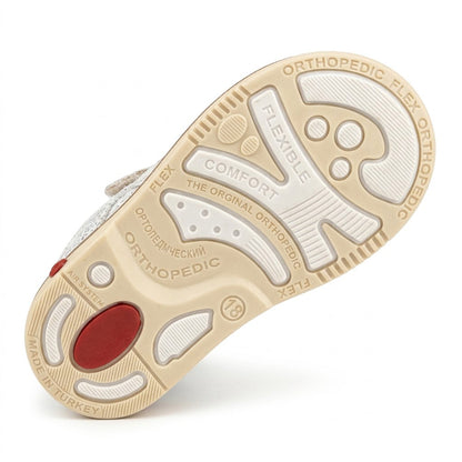Mid-top orthopaedic sandal sole with Thomas heel support, shock absorption zones, and textured grip pattern.