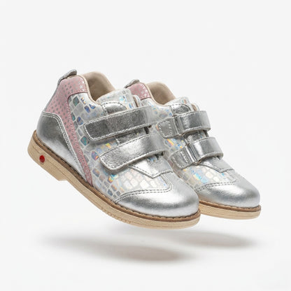 Kids’ orthopedic boots with arch support, ankle stability, Thomas heels, and iridescent silver design by Ortho Shoes.