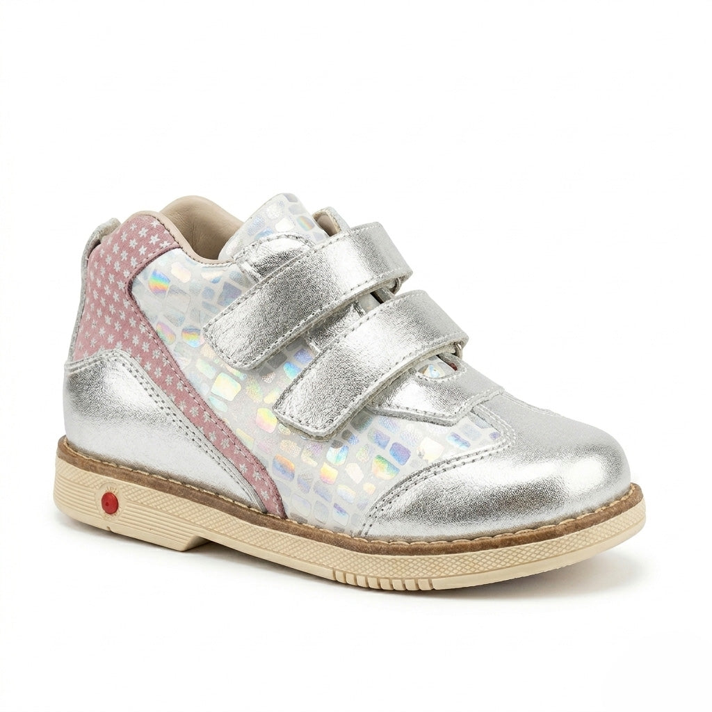 Kids’ orthopedic boots with arch support, ankle stability, Thomas heels, and iridescent silver design by Ortho Shoes.