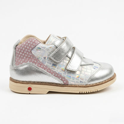 Kids’ orthopedic boots with arch support, ankle stability, Thomas heels, and iridescent silver design by Ortho Shoes.