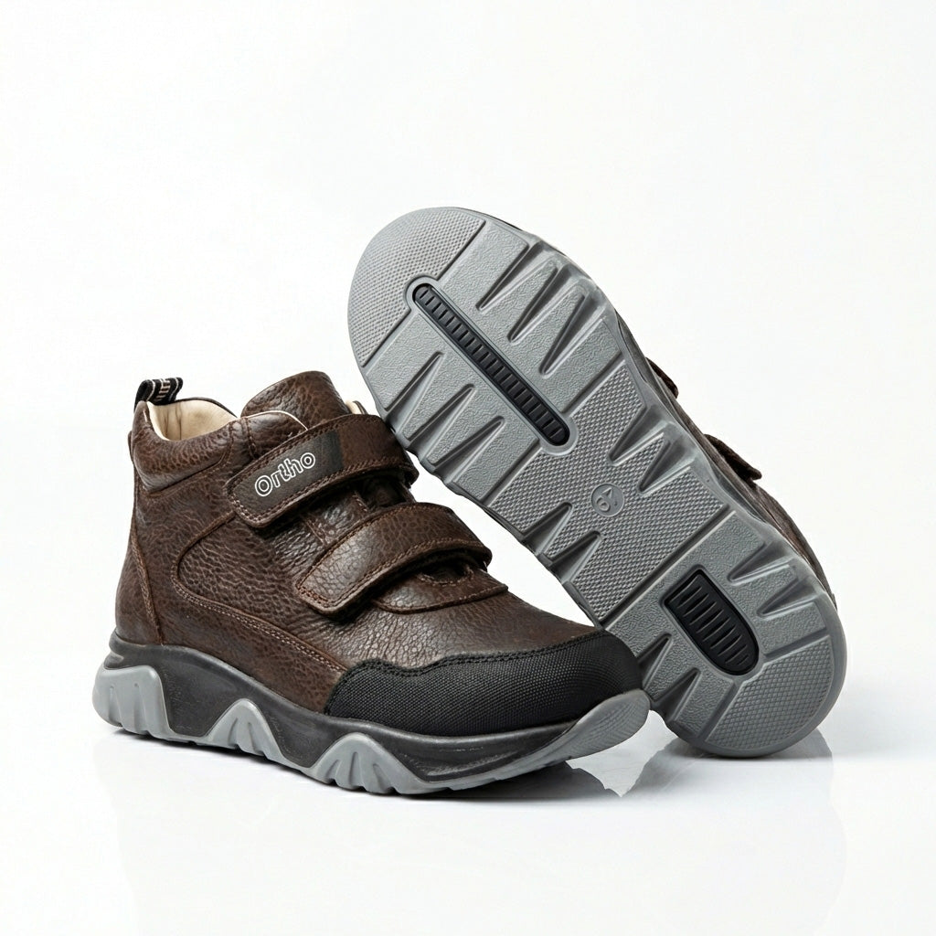 Children’s orthopedic boots in brown with Velcro straps, arch and ankle support, and Ortho Shoes logo.