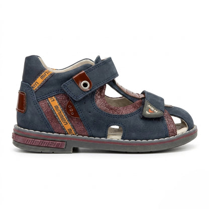 Children’s navy brown orthopedic sandal with Velcro straps, closed‑toe design, arch and ankle support featuring Thomas heels by Minimen.