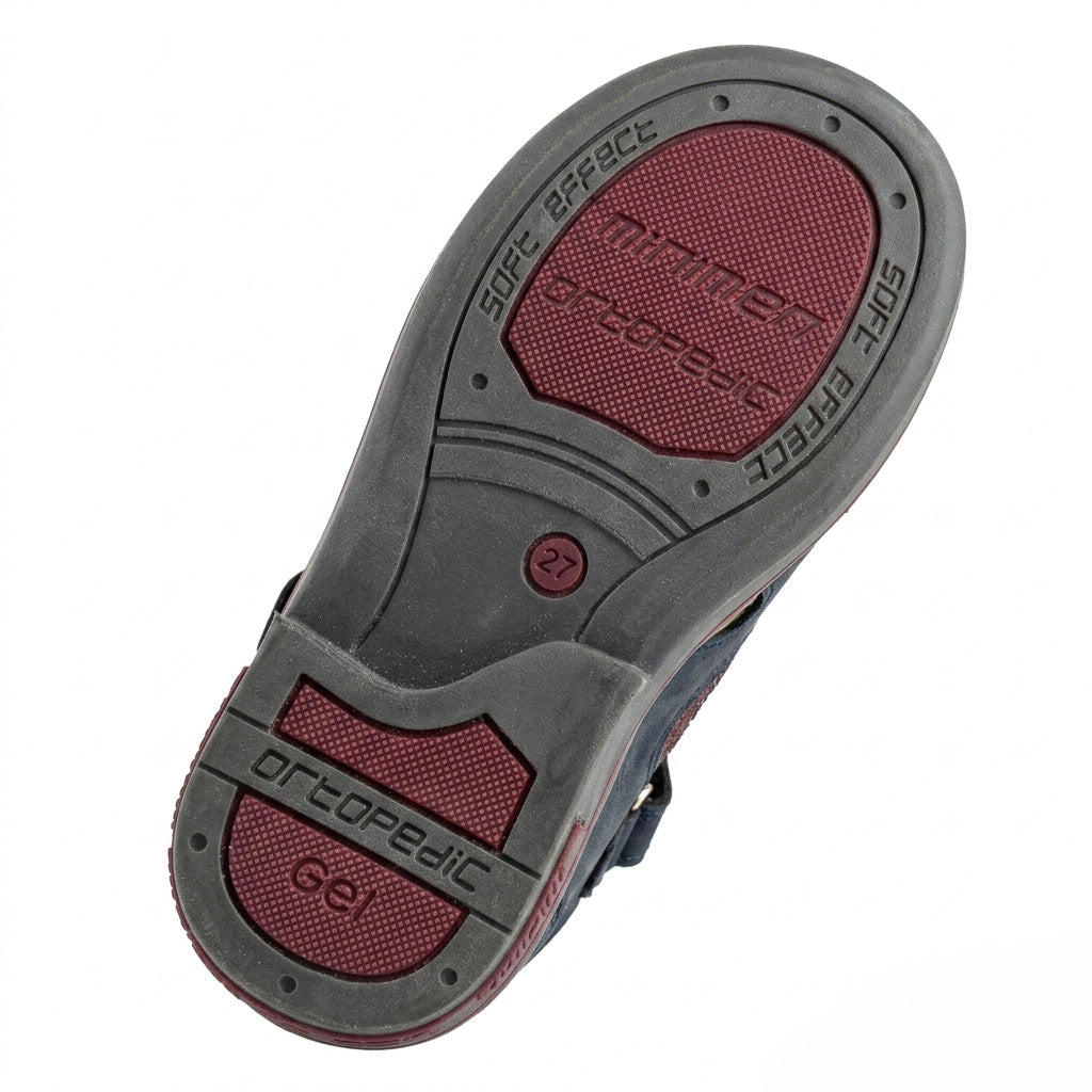 Children’s navy brown orthopedic sandal with Velcro straps, closed‑toe design, arch and ankle support featuring Thomas heels by Minimen.