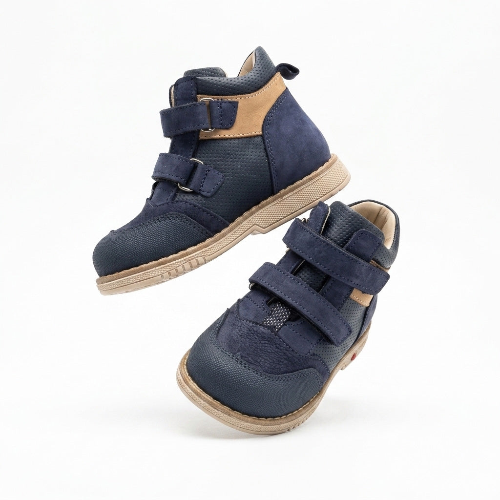 Oliver boys orthopaedic boots showing the extended Thomas heel and structured cream sole by Ortho Shoes.