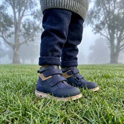 Kids Boots Oliver Navy Brown orthopaedic mid-top boots in navy leather and matte nubuck with dual hook-and-loop straps by Ortho Shoes.