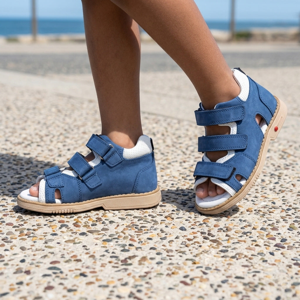 Kids orthopaedic sandals in matte blue nubuck and white leather with three adjustable Velcro straps and a tan sole.