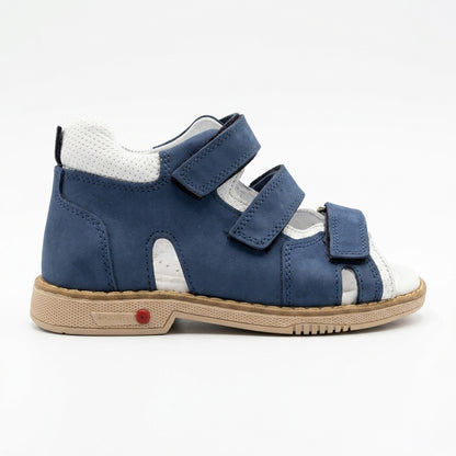 Profile of boys blue leather sandals featuring structured ankle support, cut-out details, and a Thomas heel.