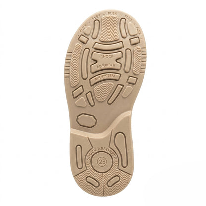 Underneath view of a tan kids shoe sole featuring impact absorption patterns, Air System, and shock absorber tread.