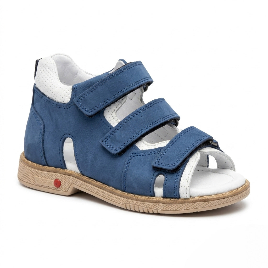 Profile of boys blue leather sandals featuring structured ankle support, cut-out details, and a Thomas heel.