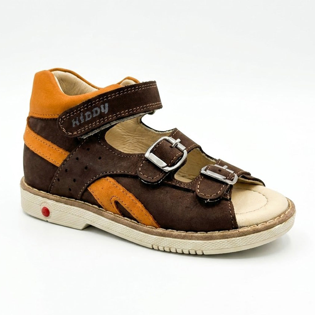 Mid-top boys orthopaedic sandals showing padded orange collar, Thomas heel, and buckle straps.