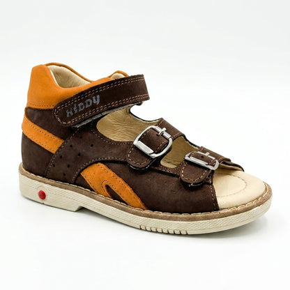 Mid-top boys orthopaedic sandals showing padded orange collar, Thomas heel, and buckle straps.