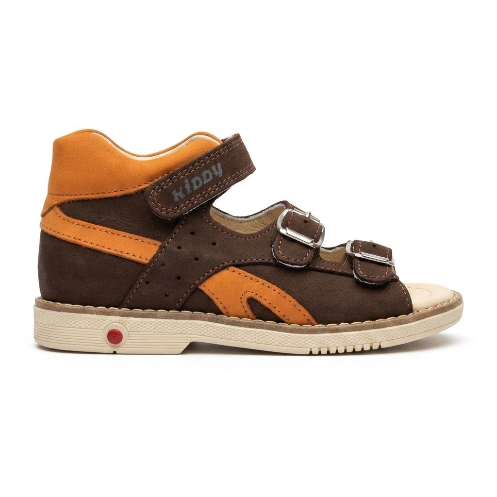 Mid-top boys orthopaedic sandals showing padded orange collar, Thomas heel, and buckle straps.