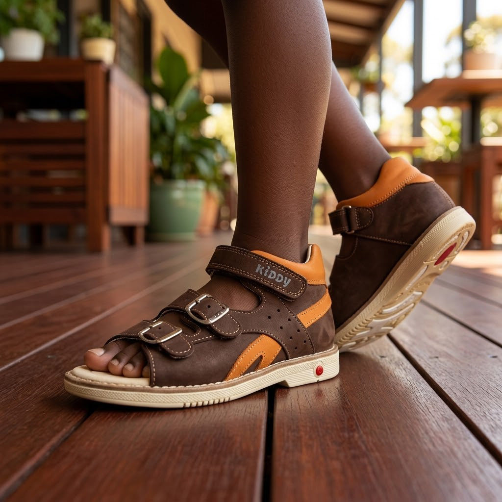 Boys brown nubuck orthopaedic sandals with orange accents, 3 straps, arch and ankle support, and cream sole.